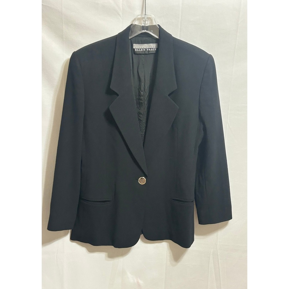 Linda Allard Ellen Tracy Women Size 10 Black Single Button Blazer Wool Jacket - Picture 2 of 12